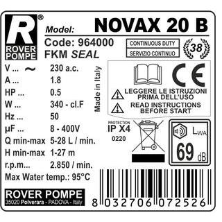 Αντλία INOX Υψηλής Θερμοκρασίας έως 95οC ROVER POMPE NOVAX 20 B CE 0,5Hp 102191